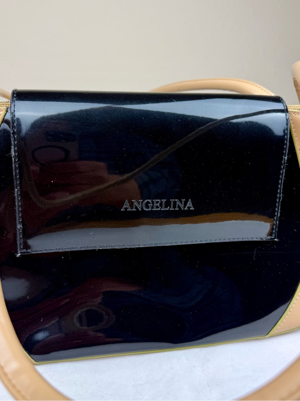 Angelina Patent Leather structured Tote Bag Tan Black Color Blocked Mod Regal